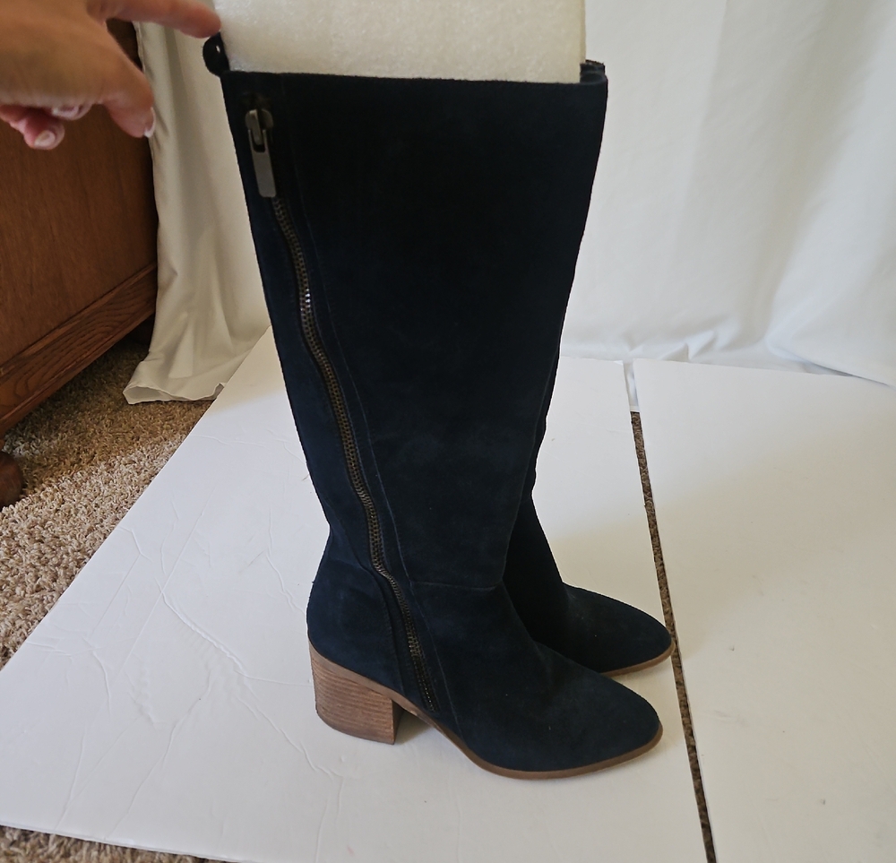 Carlos by Carlos Santana Navy Suede Mid-Calf Side Zip Block Heel Boots, 7.5